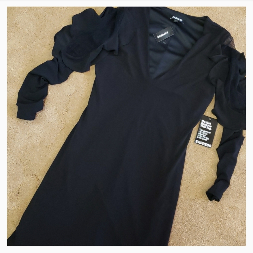 Express black polka dot lace & ruffle sleeved dres - Picture 14 of 16